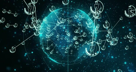 Poster - Light particles initiating digital globe rotating, spawning avatar icons linking global network