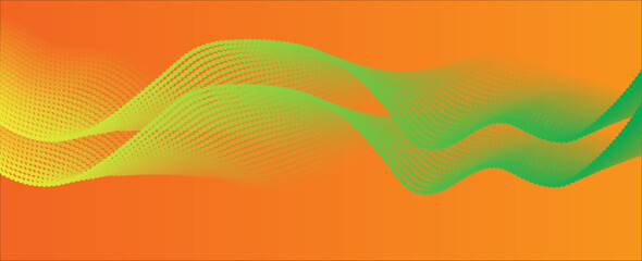Poster - flowing dots particles wave pattern green and yellow isolated on orange, background gradient. vector