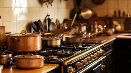 Poster - Pots and pans cooking utensils on a stovetop in a kitchen setting