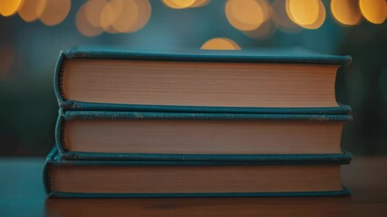 Poster - Stack of books resting on a wooden table, great for educational or literary-themed projects