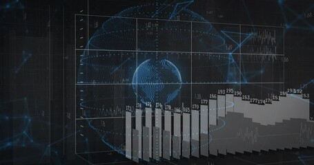 Poster - Network points glowing causing holographic globe rotating within grid as bars rising showing trends