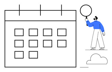 Poster - man interacting with calendar while holding circular object, symbolizing scheduling. ideal for plann
