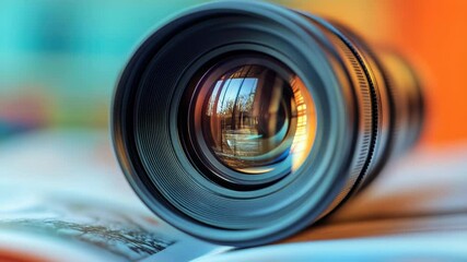 Aufkleber - Close-up shot of a camera lens focusing on an open book, perfect for photography or literature-related concepts