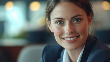 Poster - A professional woman smiling directly at the camera, wearing a business suit and possibly preparing for an important meeting or presentation