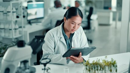 Poster - woman, scientist and tablet with plants in lab for medical research, experiment and botany. person, 