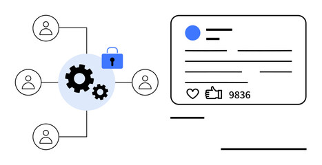 Poster - gear mechanism with a lock symbol, user connections, and social media engagement analytics panel. id