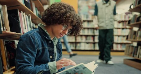 Poster - Student, man and reading a book in library for exam preparation, study insight and test knowledge. College, person and course resources on floor with thesis citation, research solution and education