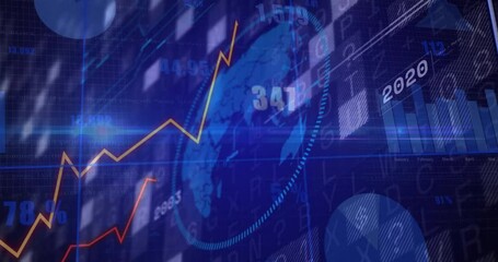 Poster - Translucent bars initiating globe rotation, tracing yellow line fluctuating depicting market trends