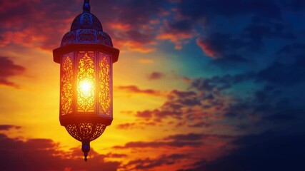 Aufkleber - A lantern hangs from the side of a building as the sun sets in the background