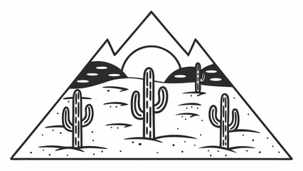 Poster - Black and white triangular desert scene with cacti mountains and sun in simple line drawing style created with generated ai