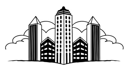 Poster - Outline drawing of a cityscape with various buildings and cloud shapes in a monochrome style illustration created with generated ai