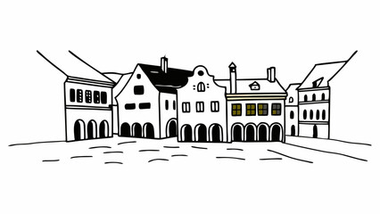 Poster - illustration of a row of buildings with arches and various roof styles in black and white line art c