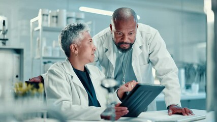 Poster - scientist, woman and man on tablet in lab for medical research, experiment and botany. mature people