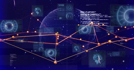 Poster - Upon dark blue field emitting dots, 3D globe forming orange mesh, rotating while visualizing data
