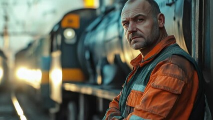 Poster - A person stands beside a train on a railroad track, ready to board or waiting for departure