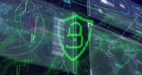 Poster - Neon green shield materializing, loading hex codes, transforming into padlock, showing encryption