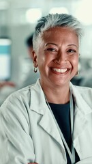 Poster - Doctor, woman and face with laugh in laboratory for healthcare, medical research and smile. Mature scientist, employee and confident portrait with arms crossed for pharmacy study, biology and pride