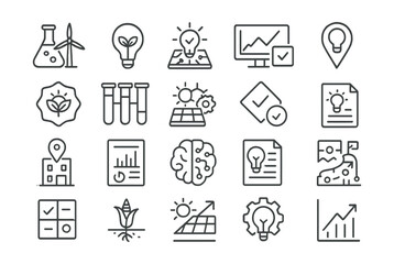 Line style icons of clean tech innovation and R&D: clean energy lab, idea bulb with leaves, sustainable prototype, test result dashboard, innovation center tag, climate tech badge, R&D pipeline,