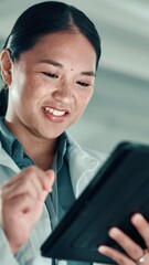 Poster - Smile, study or Asian woman in laboratory with tablet, science or gene editing medical experiment. Data scientist, chemistry breakthrough or reading on technology for report, test or research results