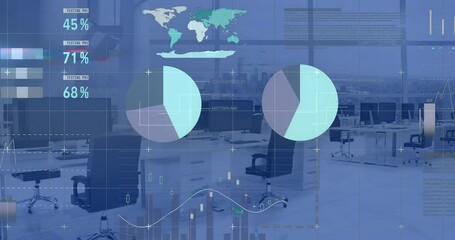 Poster - Opening on empty office space, virtual financial display initiating and animating charts cyclically