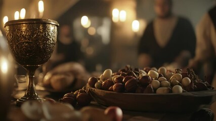 Poster - A still life image of a plate of food and a wine glass on a table