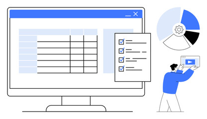 Poster - computer screen displaying a data table, checklist for tasks, cogwheel chart, and figure interacting