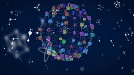 Poster - Scattered cubes shifting merging and folding into rotating cube sphere showing data connection