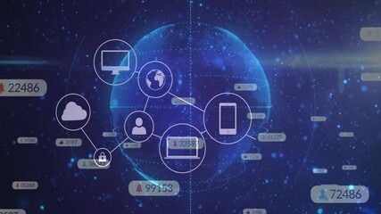 Poster - Rotating digital globe initiating icon linking and drifting metrics visualizing expanding network
