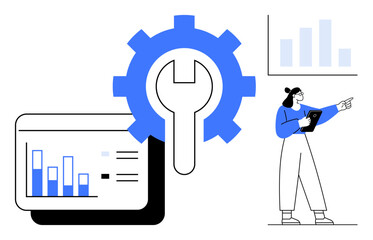 Poster - woman analyzing charts with gear icon symbolizing optimization. bar graphs emphasize data insights. 