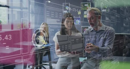 Poster - Woman raising laptop initiating charts, grids updating as man tapping and explaining business data