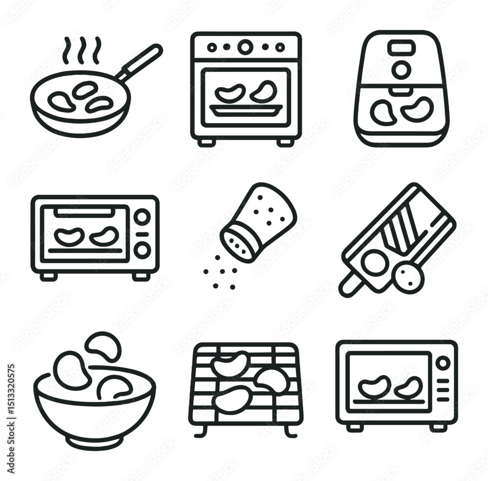 Chip Cooking Icons. Outline icon set of chip preparation methods ...