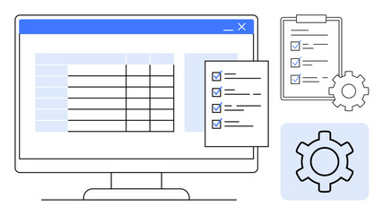Poster - computer screen displaying data table alongside checklists on clipboard and paper. gear icons sugges