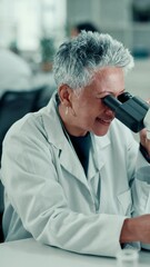 Poster - Scientist, mature woman and microscope with smile for medical research, lab and pharma study. Person, zoom and vaccine development with sample, virus or bacteria with lens, equipment and analysis