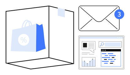 Poster - shopping bag inside box, email notification, analytics dashboard with graphs and search bar. ideal f