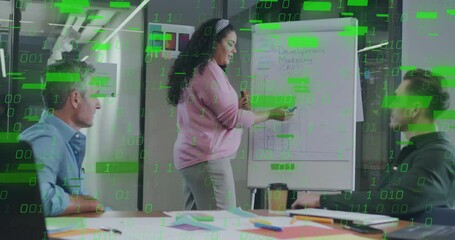 Poster - Mid adult woman entering business meeting presenting bar-chart for review with binary code drifting