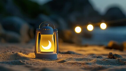 Poster - A single lantern shining brightly on a dark sandy beach at night, perfect for use in outdoor scenes or as a symbol of guidance