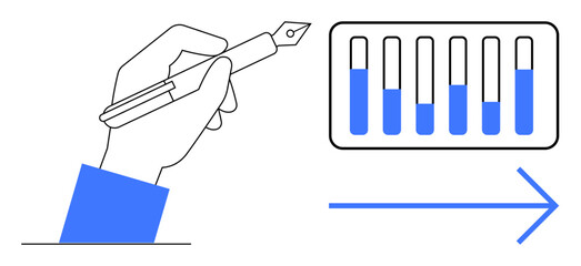 Poster - hand holding pen for research alongside test tubes and arrow symbolizing direction. ideal for scienc
