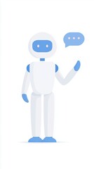 Poster - Friendly robot character in a flat illustration style, gesturing with one hand while displaying a speech bubble, representing communication and technology concepts in a modern design