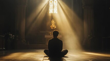 Poster - A person sits on the floor of a church, praying or meditating