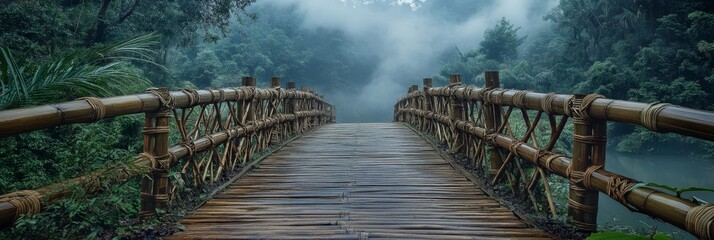 Wall Mural - wooden bridge over water leading into a foggy forest.