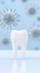Poster - White tooth model stands prominently against a soft blue background, with abstract virus shapes blurred in the distance, illustrating dental health and hygiene concepts