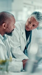 Poster - Scientist, man and woman with tablet, talking or review at biochemistry lab with medical research. Mature people, digital touchscreen and app for results, feedback or plant sample for pharma drugs