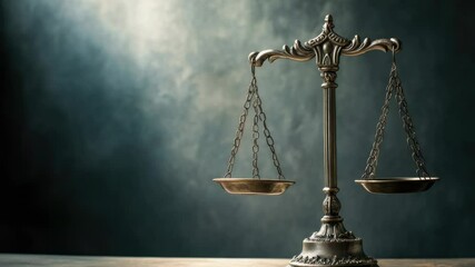Poster - A balance scale on a rustic wooden table with intricate carvings
