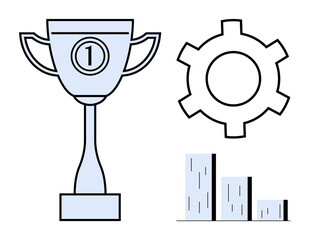 Poster - trophy with 1, gear symbol, and a downward bar graph. ideal for success, productivity, achievement, 