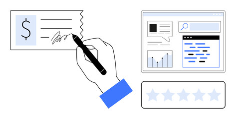 Poster - hand signing check, financial data chart, webpage interface with search bar, and five-star review ra