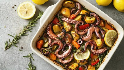 Poster - Fresh seafood dish with tender octopus, colorful vegetables, and aromatic herbs