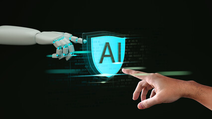 Poster - A robot hand and a human hand touching each other, generative AI, artificial intelligence, cyber security, technology, llm, large language model concept