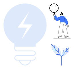 Poster - oversized lightbulb, person with magnifying glass, and a stylized leaf symbolize innovation, researc