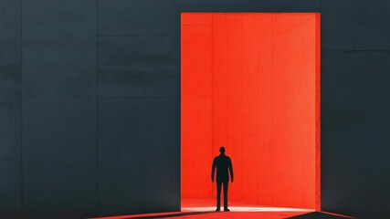 Poster - A person stands in front of a bright red door, ready to enter