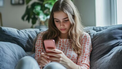 Poster - A woman sits on a couch looking at her cell phone, possibly checking notifications or browsing the internet